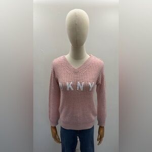 DKNY Pink Knit Sweater V-Neck Logo Sequin Front Open Back Detail Size S